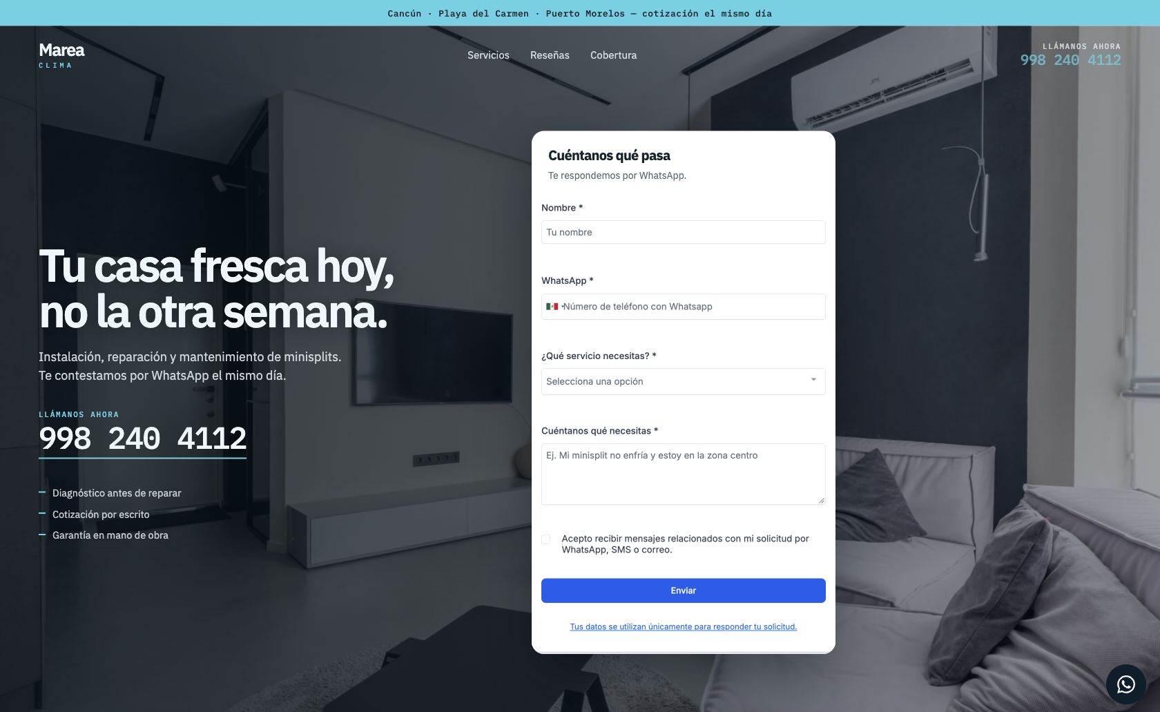 Captura de una página de servicios con el formulario de nombre, WhatsApp, servicio y solicitud abierto a la derecha